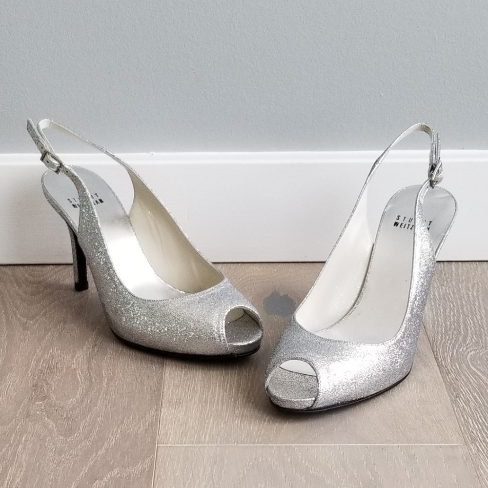 Stuart Weitzman Silver Mini Glitter Slingback Sz 7